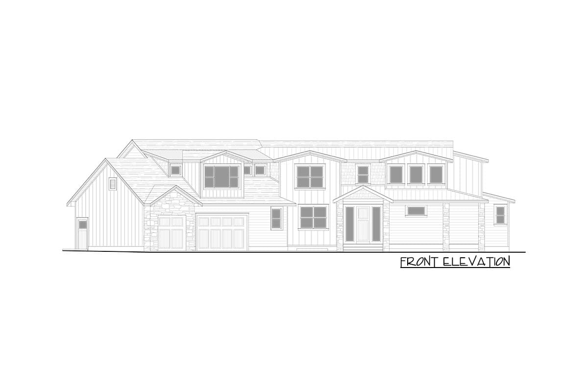 Front elevation drawing of a two-story house plan with gables, dormers, stone accents, and a two-car garage.