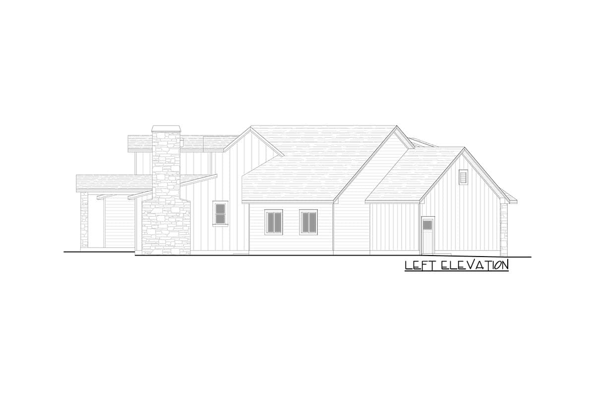 Left elevation house plan drawing showing a stone chimney, gabled rooflines, and a covered porch.