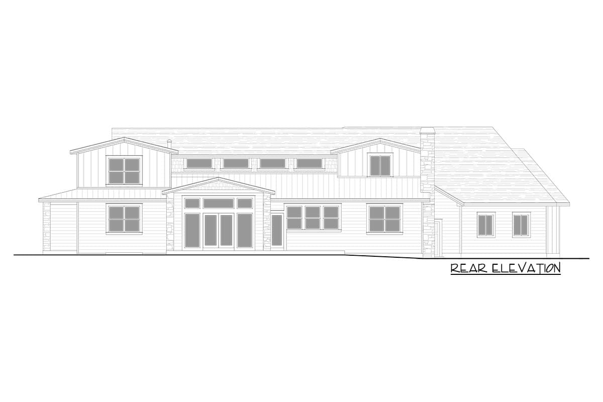 Rear elevation drawing of a house plan with gables, dormers, stone chimney, and large central windows.
