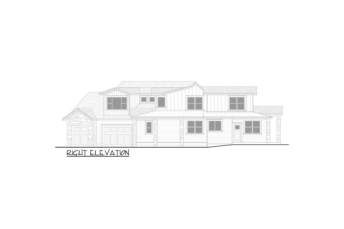 Right elevation house plan drawing with stone accents, two-car garage, dormers, and a covered porch.