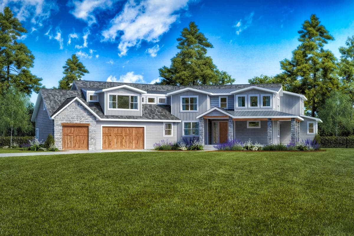 House plan exterior. Two-story, Modern Farmhouse style. Features include gabled rooflines, stone accents, and a covered porch. Attached garage.