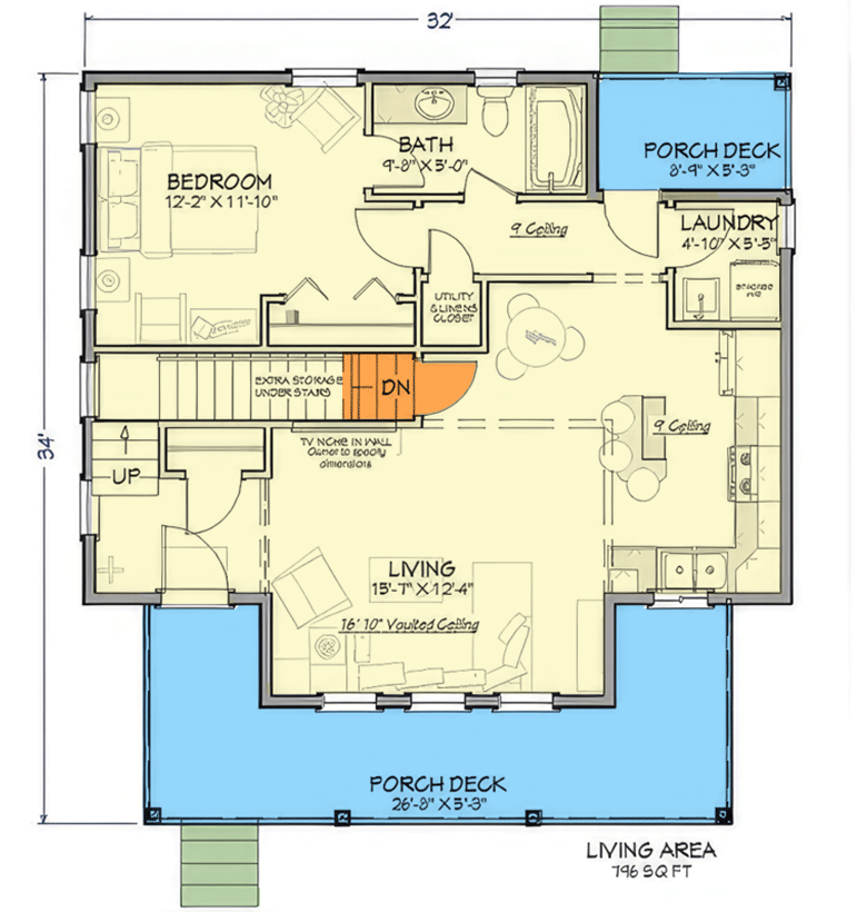 Plan 430834SNG: 1100 Square Foot 2 Bed Country Cottage House Plan - Floor Plan - Main Level - Basement Stair Location - Cottage, Country, Farmhouse, New American, Vacation