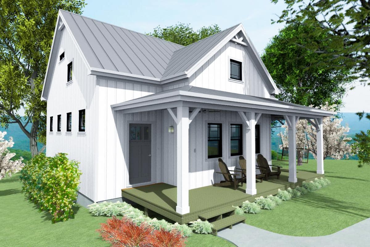House plan exterior. Two-story Modern Farmhouse with a gabled roof, a covered porch with supporting columns, and a vertical board and batten siding.
