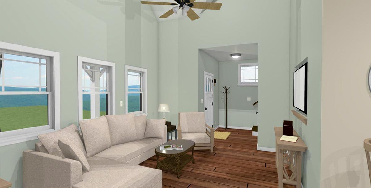 Interior rendering of a great room with a vaulted ceiling, sectional sofa, and entryway visible.