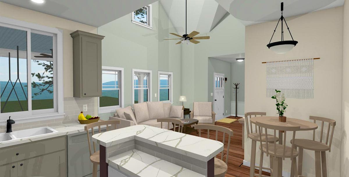 Interior rendering showing an open-concept living area with a kitchen island, vaulted ceiling, and large windows.