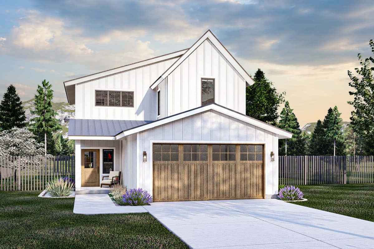 House plan exterior. Two-story Modern Farmhouse with a gable roof, detached garage, and front porch. Featuring board-and-batten siding.