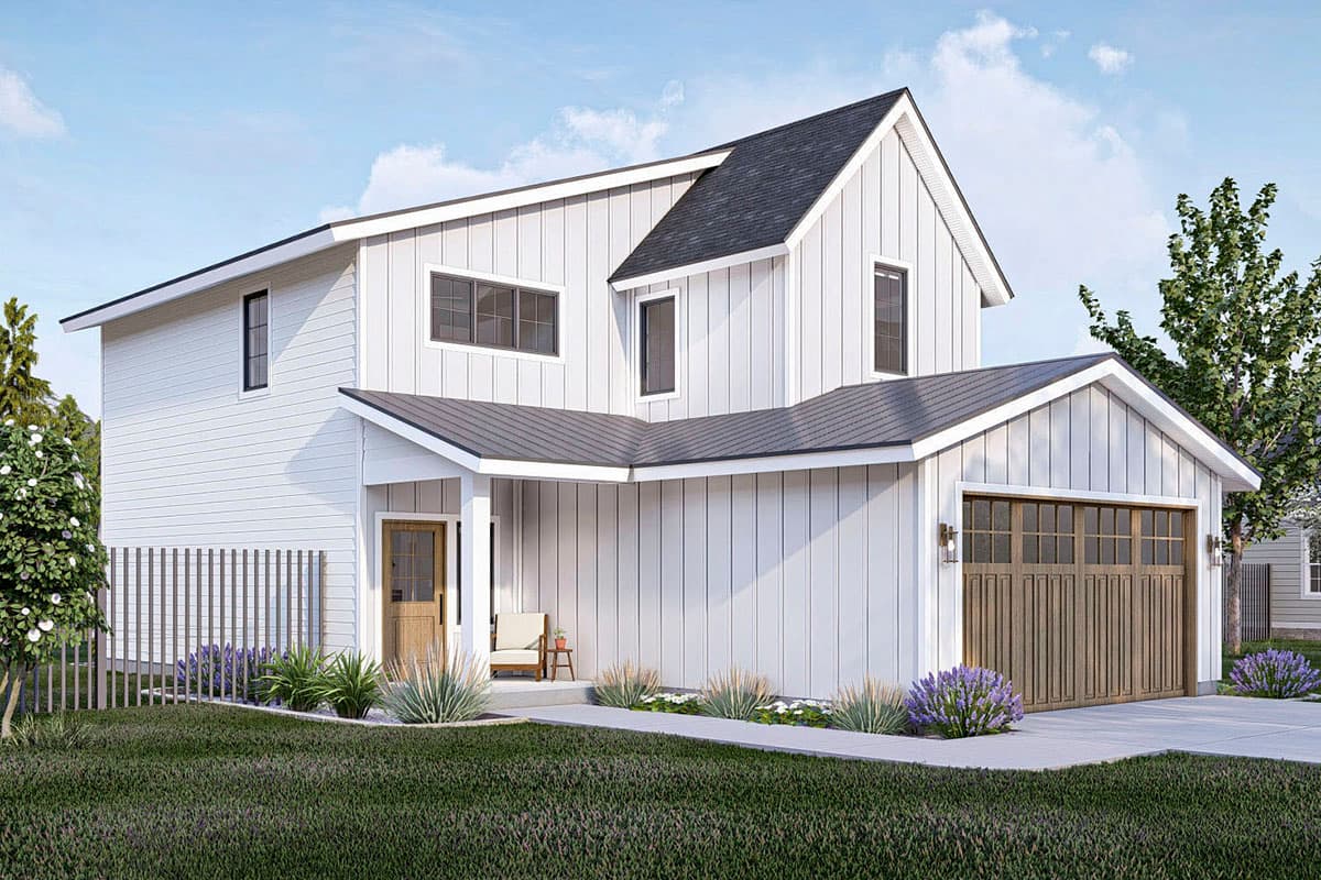 Modern Farmhouse house plan exterior, two stories, white board-and-batten siding, covered porch, gabled roof, attached garage.