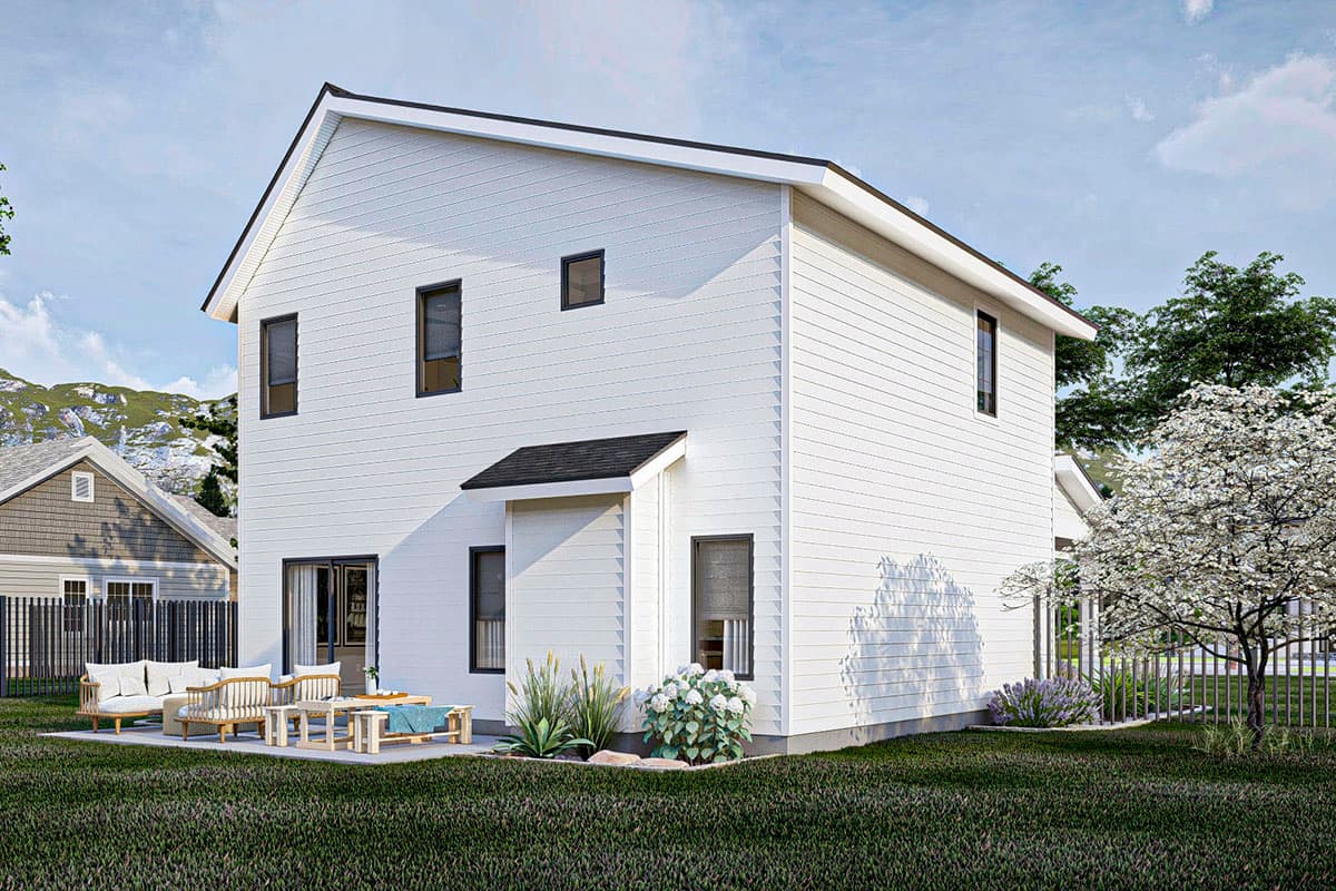 Two-story house plan exterior with white siding, prominent gables, and a covered patio area with outdoor seating.