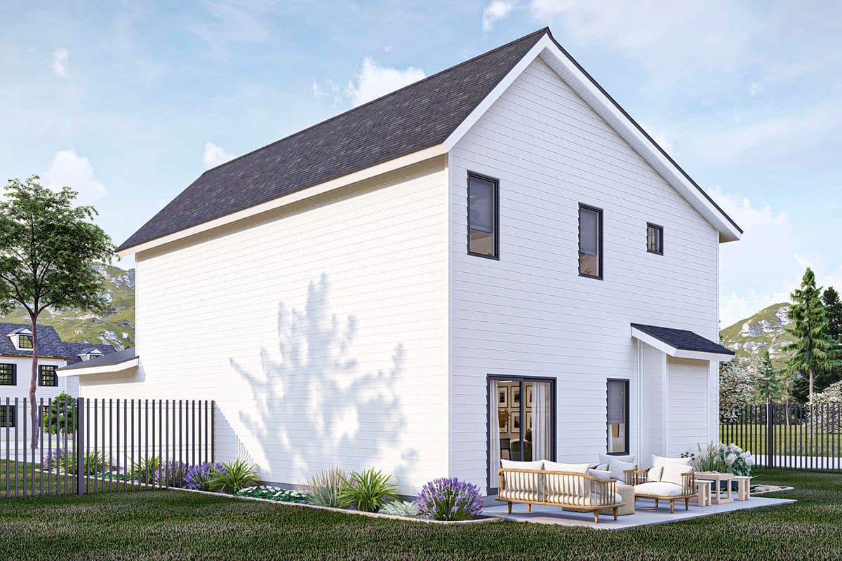 House plan exterior: two-story modern home with white horizontal siding, gabled roof, and patio furniture.
