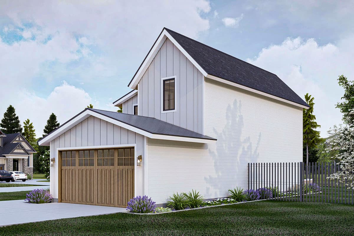 Modern Farmhouse house plan exterior with vertical siding, gabled roof, and a two-car garage with wood doors.