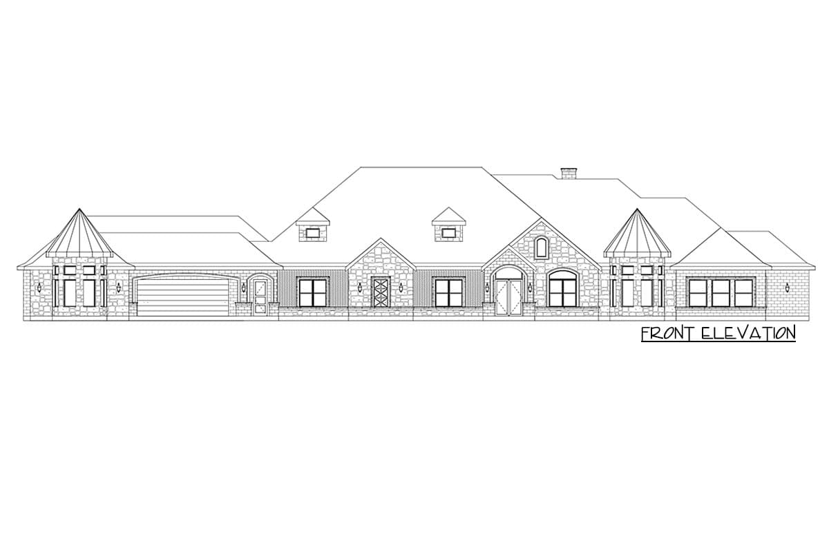 Front elevation drawing of a one-story house plan with a stone facade, prominent gables, dormers, and a three-car garage.