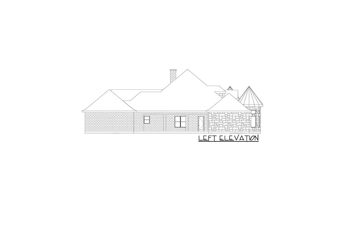 House plan left elevation with stone and brick facade, prominent gables, chimney, and turret.