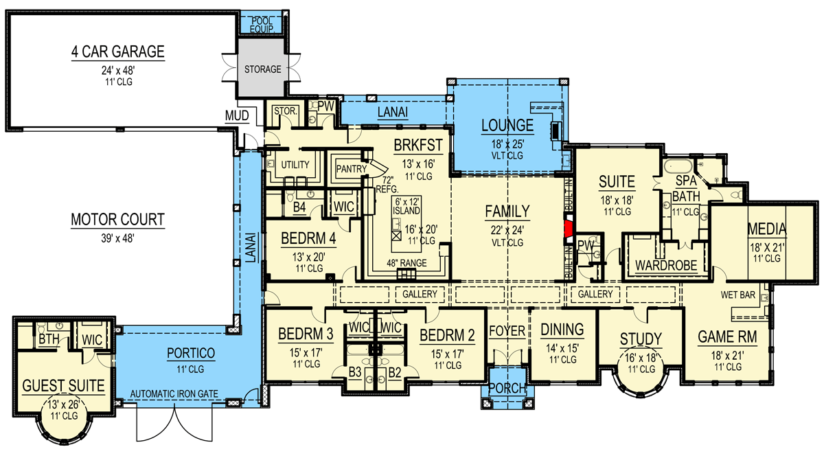 Plan 36683TX: Sprawling Hill Country House Plan with Motor Court and Over 6,100 Square Feet of Living Space - Floor Plan - Main Level - Hill Country, Ranch, Southern