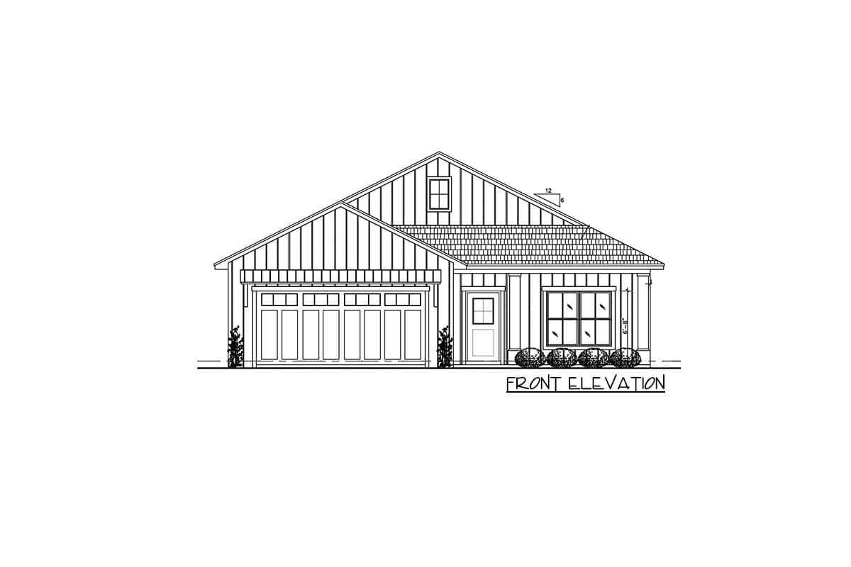 Front elevation house plan featuring a Modern Farmhouse style, one story, gable roof, side-entry garage, and front door.