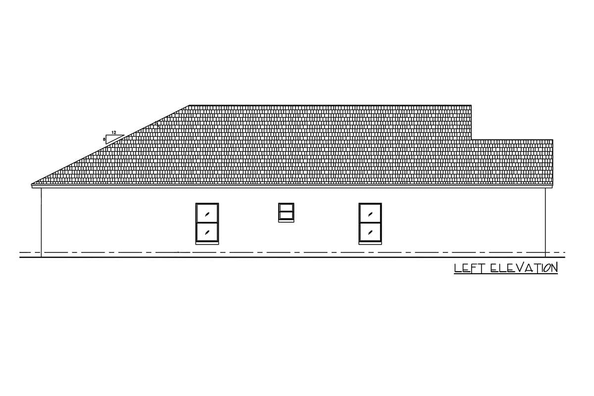 Left elevation drawing of a house plan showing a multi-level roofline with three windows on the facade.