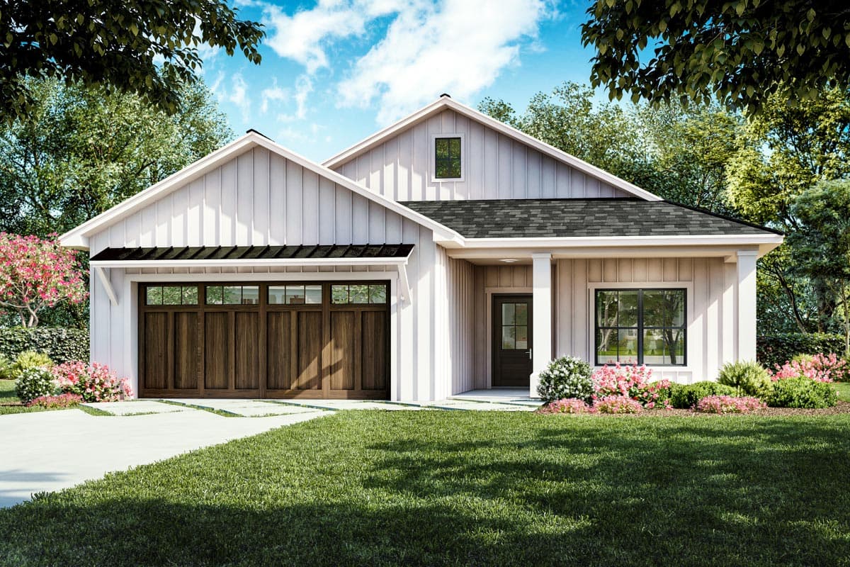 House plan exterior. Modern Farmhouse style with gabled roof, a front-facing garage with wood door, and a covered front porch.
