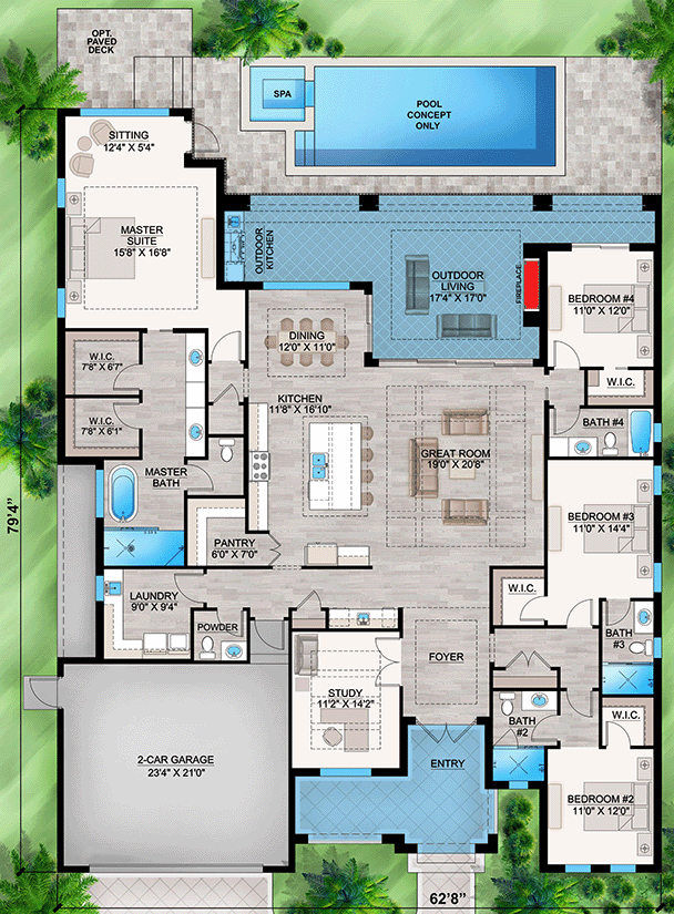 Plan 86109BW: 1-Story Coastal Contemporary Home Plan with Study and Outdoor Fireplace - 3134 Sq Ft - Floor Plan - Main Level - Coastal, Coastal Contemporary, Florida-Style, Mediterranean, Southern, Transitional