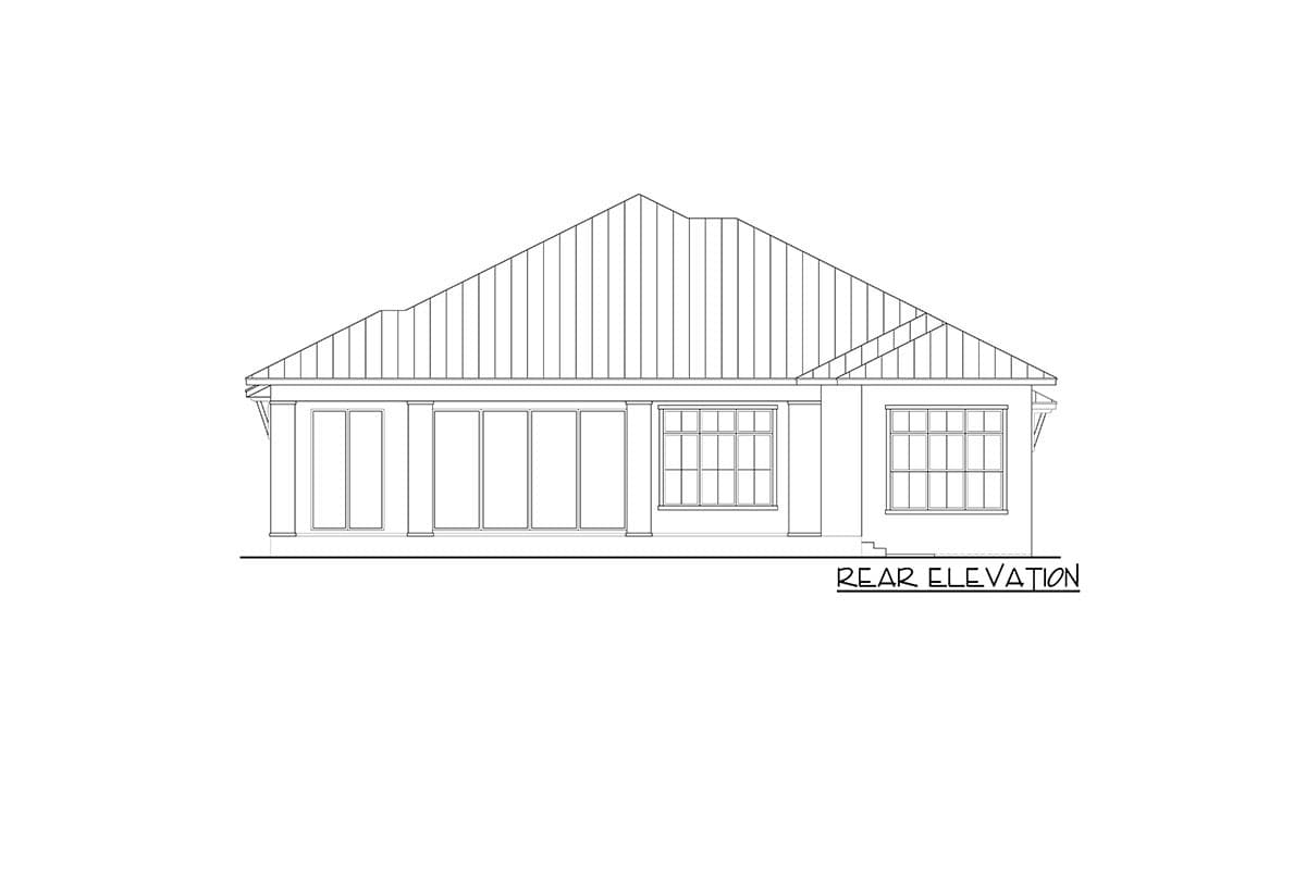 Rear elevation drawing of a house plan featuring a metal roof, multiple windows, and a porch.