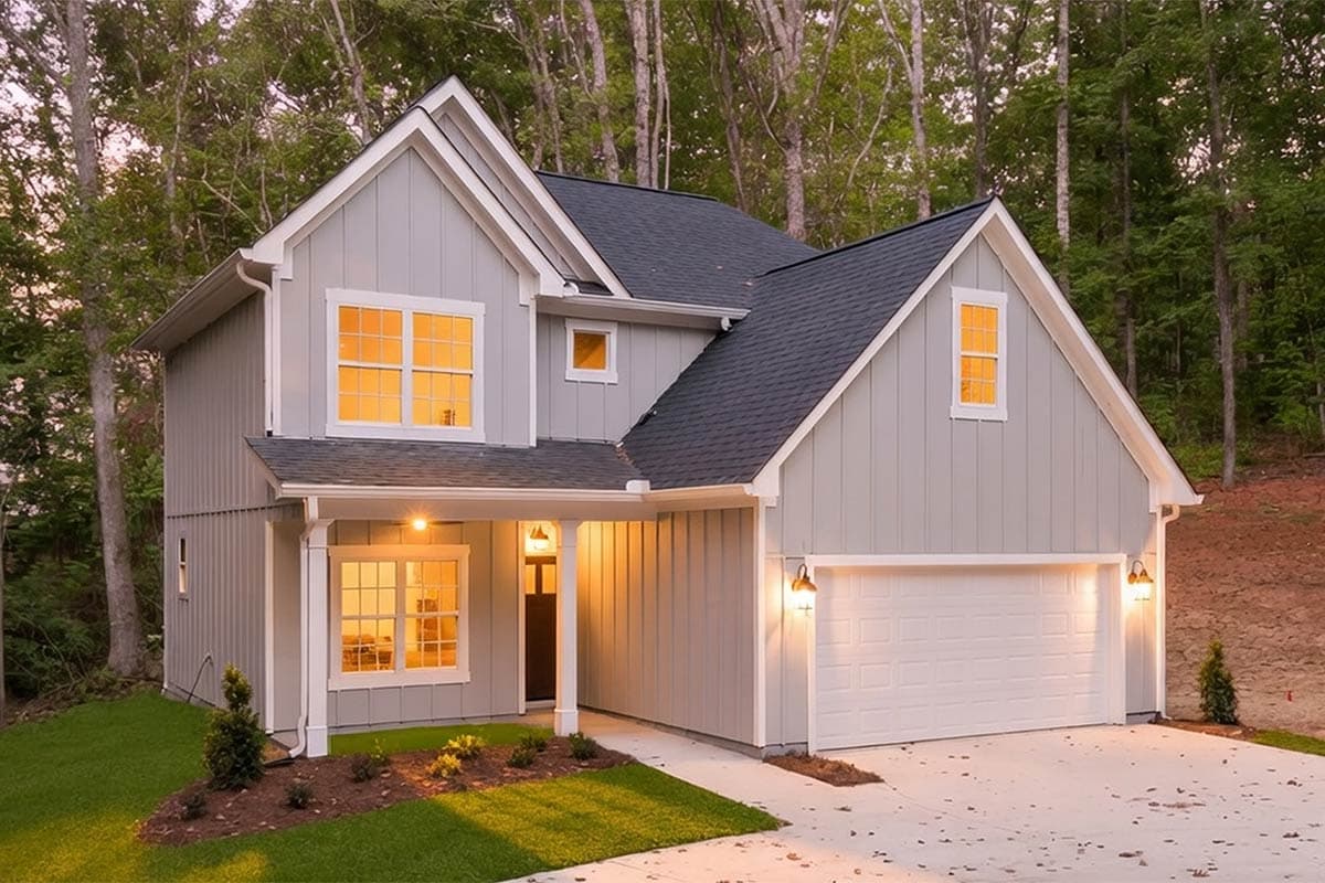 Modern Farmhouse house plan exterior, two stories, gable rooflines, covered porch, and two-car garage.