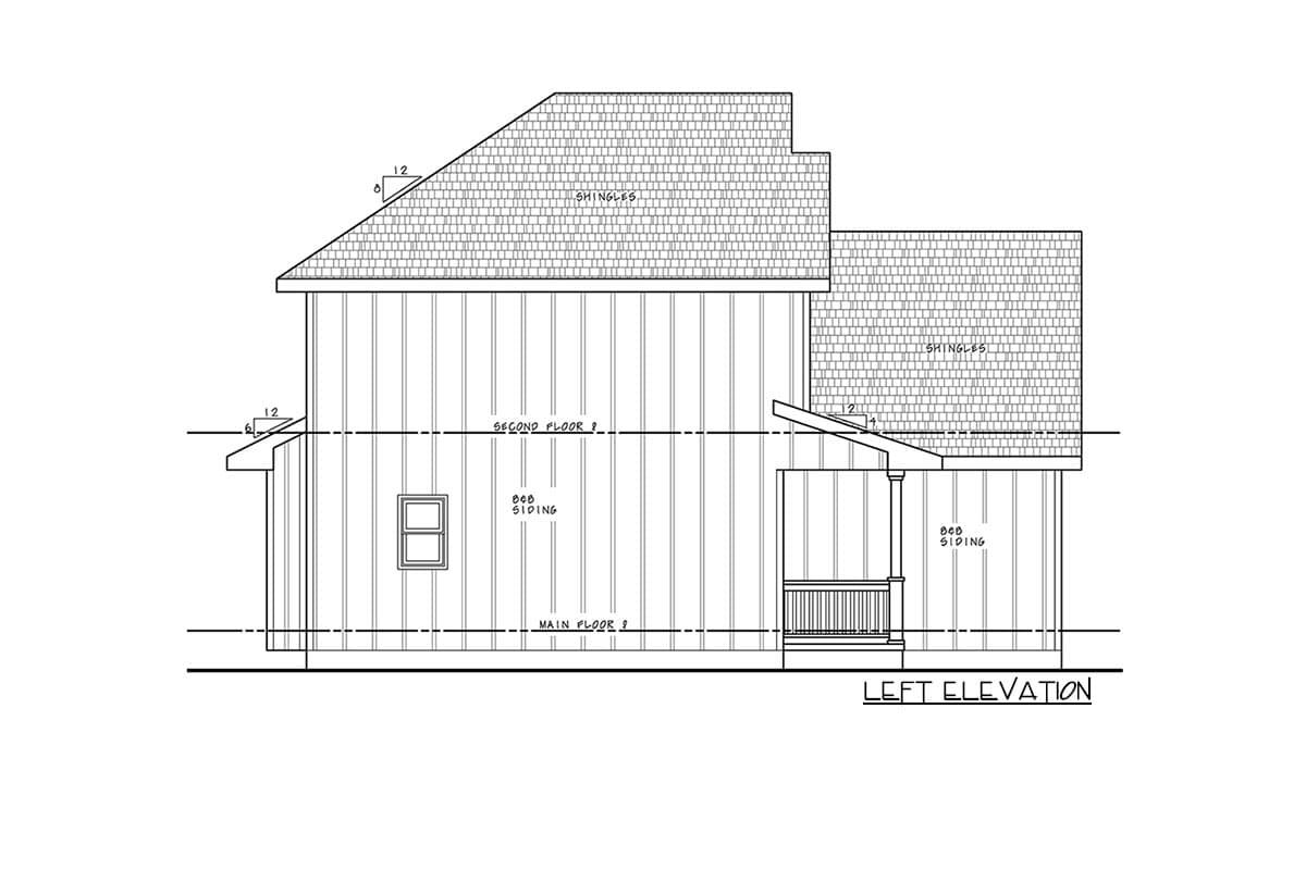 House plan left elevation showing two stories, board and batten siding, and a covered porch with railings.