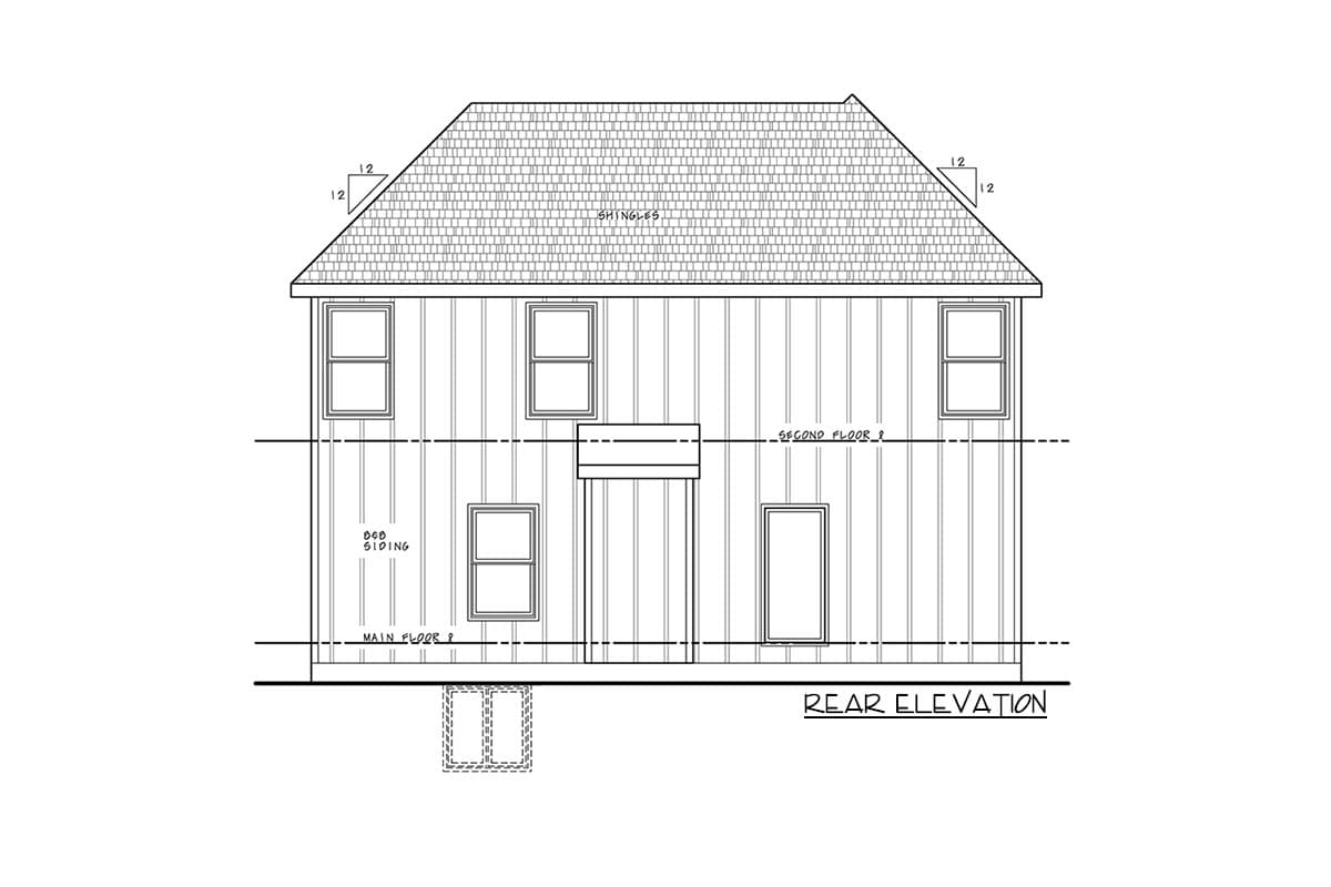 Rear elevation drawing of a two-story house with board and batten siding, gabled roof, and multiple windows.