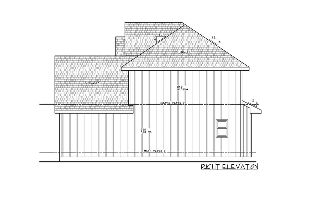 Right elevation drawing of a two-story house plan with vertical siding, shingled roof, and one window.