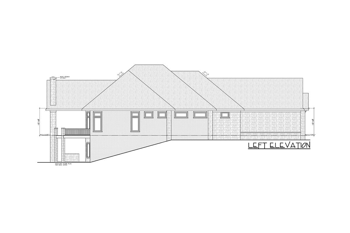 Left elevation drawing of a house plan showing a multi-level roof, brick exterior, and a covered balcony.