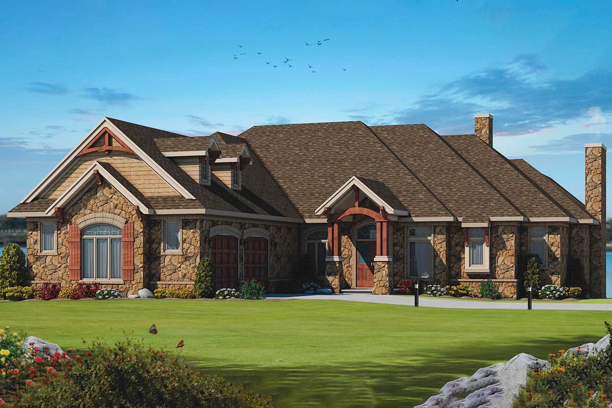 House plan exterior. Stone-clad, single-story home with gabled roof, dormers, and front porch. Features include a stone chimney and arched entryway.