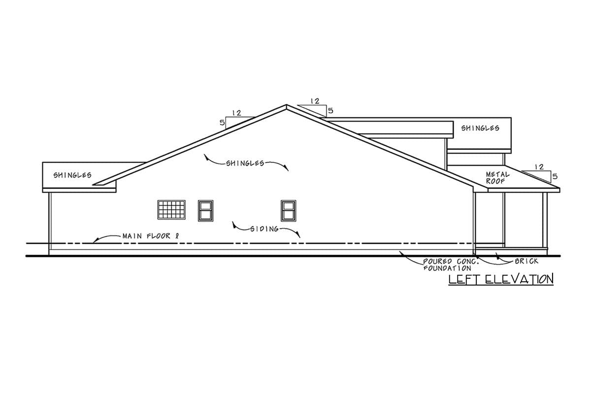 Left elevation drawing of a house plan, showing shingled and metal roofs, siding, and a poured concrete foundation.
