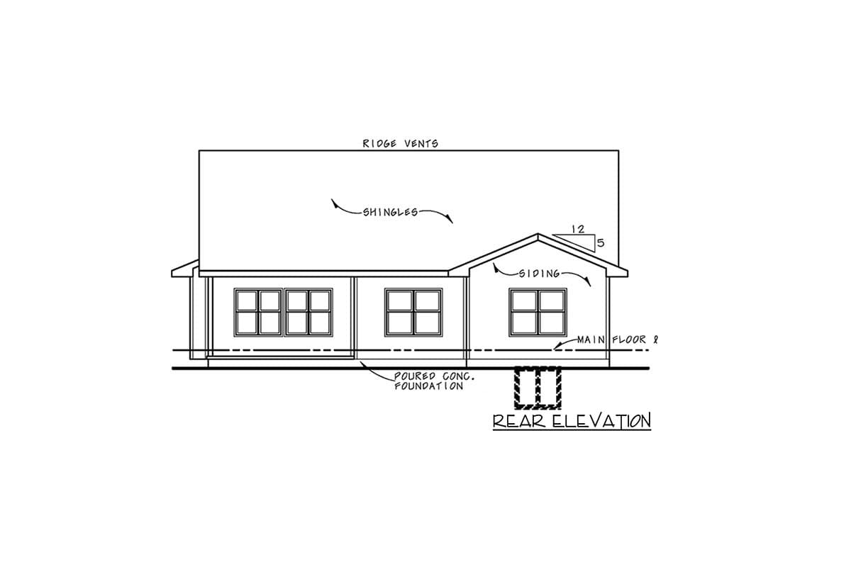 Rear elevation drawing of a one-story house with siding, shingles, and poured concrete foundation.