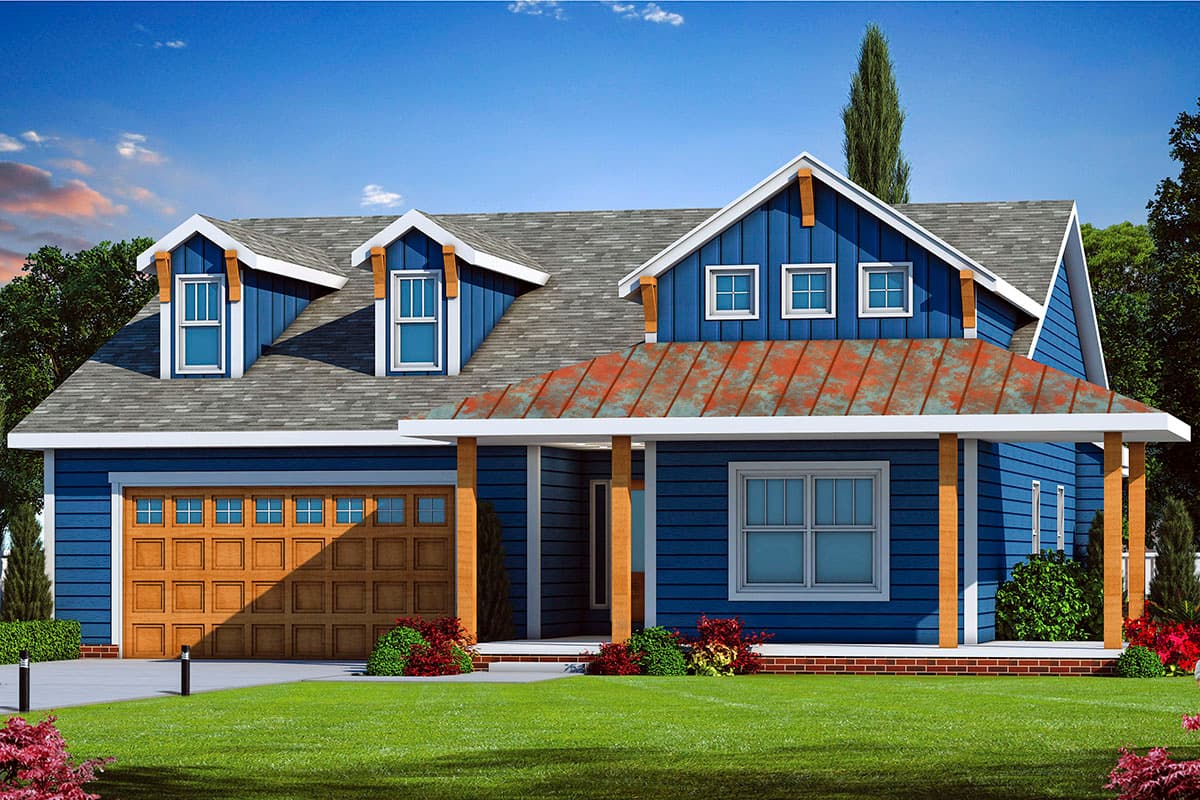 House plan exterior. Two-story Modern Farmhouse style with dormers, a covered porch, and a side-entry garage.