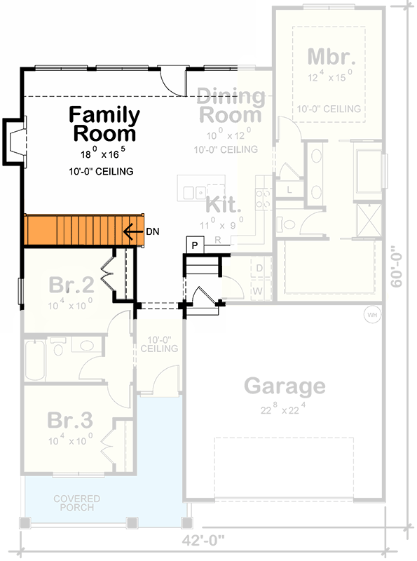 Plan 42431DB: 3-Bed Craftsman Cottage Under 1500 Square Feet with 2-Car Garage - Floor Plan - Main Level - Basement Stairs - Cottage, Country, Craftsman, New American, Traditional