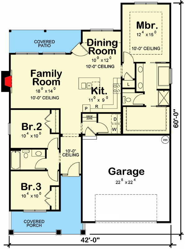 Plan 42431DB: 3-Bed Craftsman Cottage Under 1500 Square Feet with 2-Car Garage - Floor Plan - Main Level - Cottage, Country, Craftsman, New American, Traditional