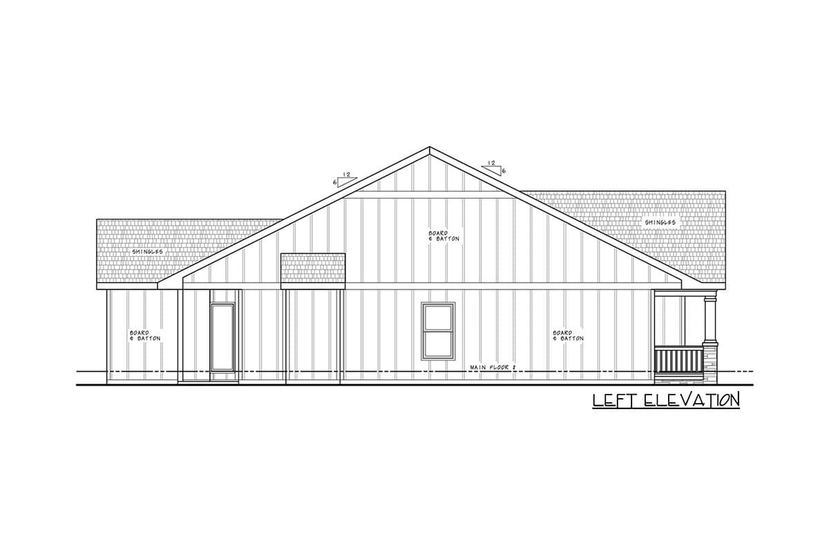 Left elevation house plan with board and batten siding, shingles, a prominent gable roof, and a covered porch.