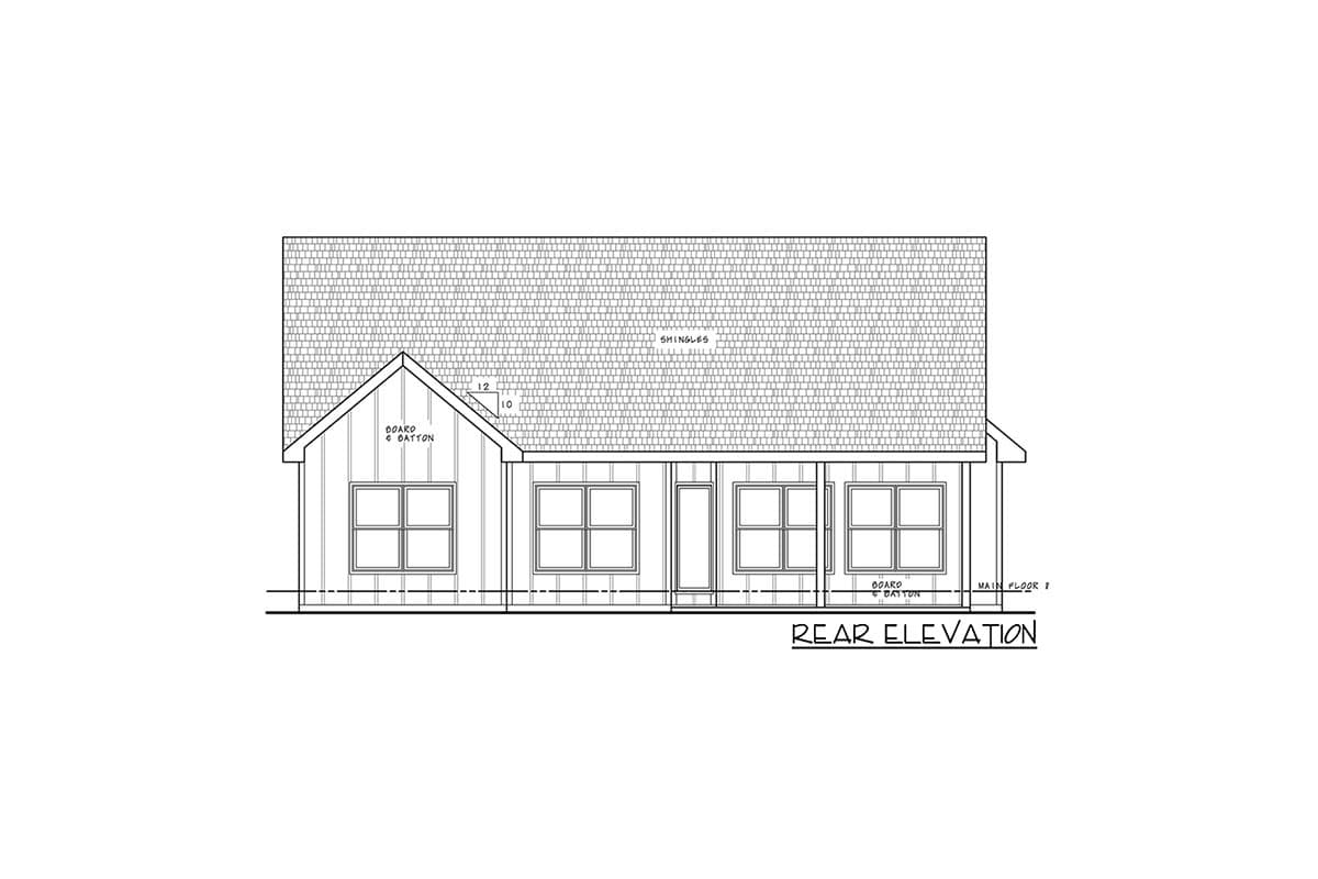 Rear elevation drawing of a single-story house plan with board and batten siding, multiple windows, and a pitched roof.