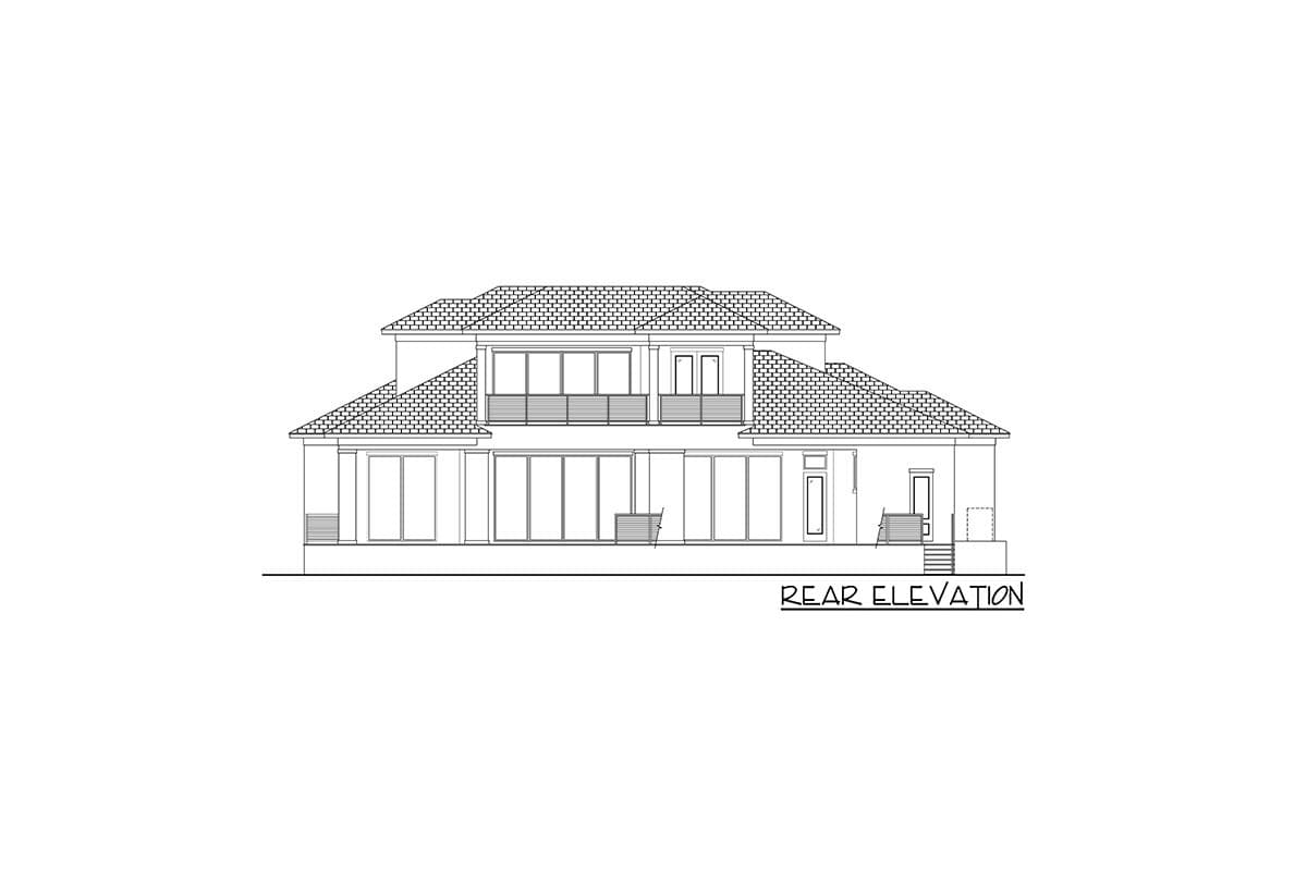 Rear elevation drawing of a two-story house with multiple rooflines, extensive glass doors, and a second-story balcony.