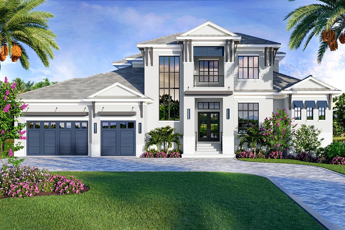 House plan exterior with two stories, a contemporary style, a two-car garage, multiple gables, and a prominent entryway.