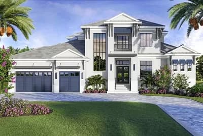 2-Story Coastal Contemporary House Plan with Outdoor Fireplace and Kitchen