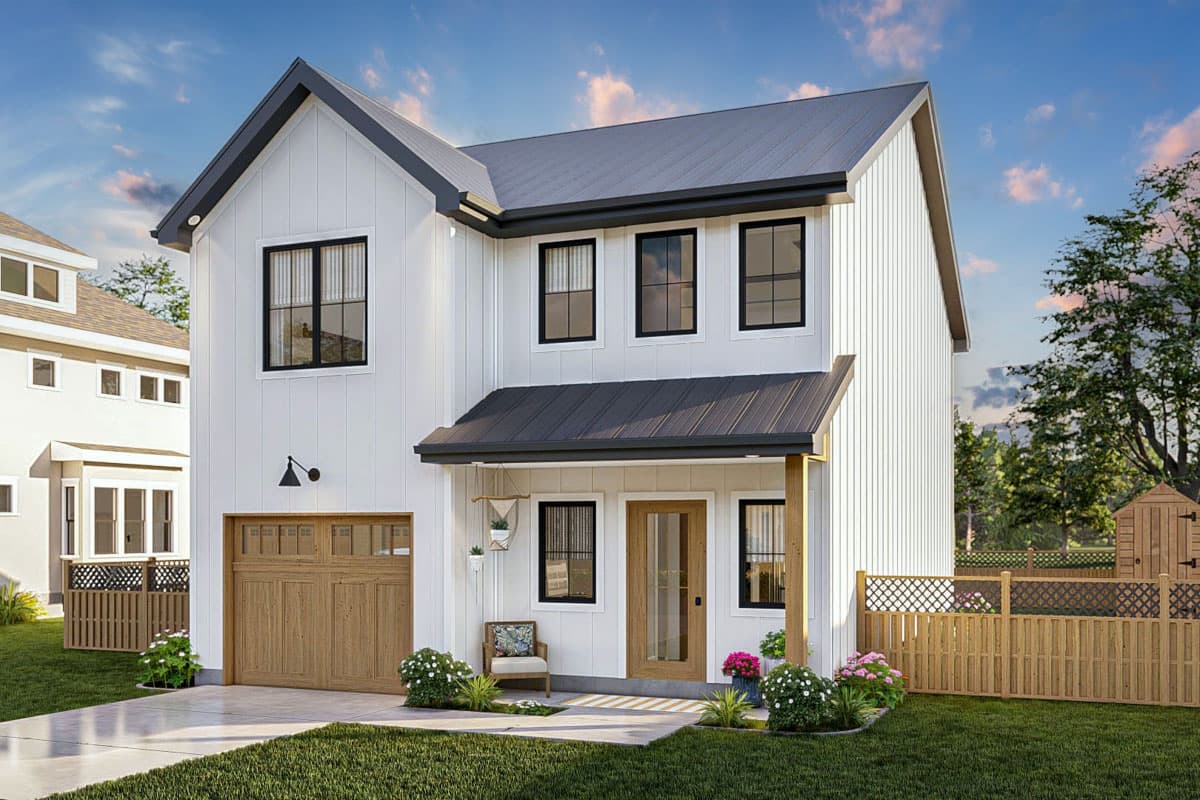 House plan exterior. Modern Farmhouse style, two-story home with a metal roof. Features include a front porch, gables, and a detached garage.