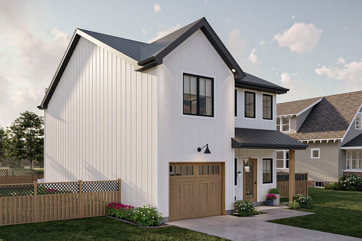 Modern Farmhouse house plan exterior with vertical siding, gabled roof, front-facing garage, and covered entry.