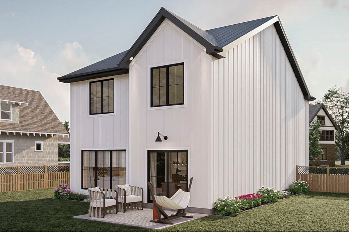 House plan exterior: two-story Modern Farmhouse with vertical siding, gable roof, and black-framed windows.