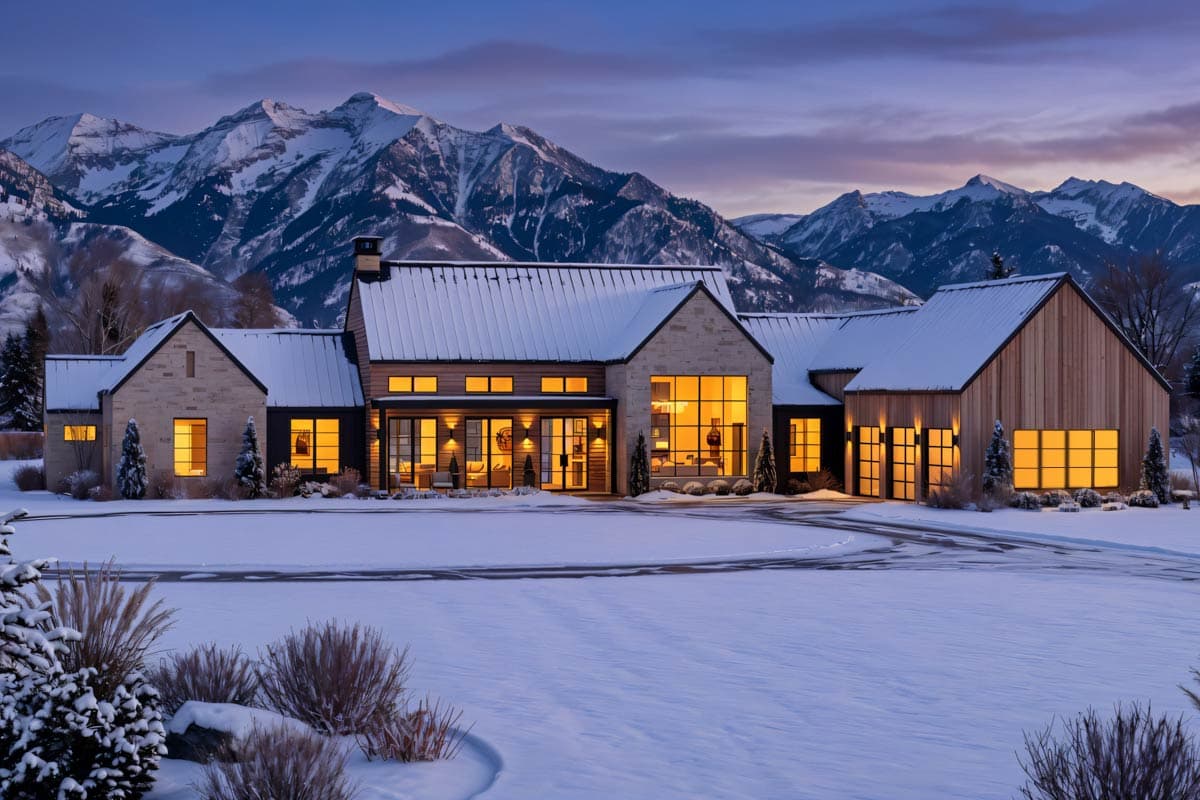 A modern, multi-winged home with warm interior lights sits in a snowy landscape, snow-capped mountains in the backdrop at dusk.