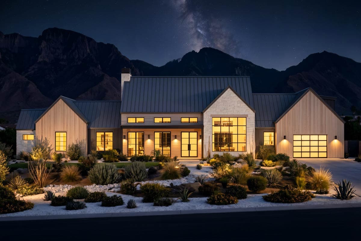 A modern home illuminated at night with a starry sky background. The house has a light facade and large windows overlooking a well-lit landscape.