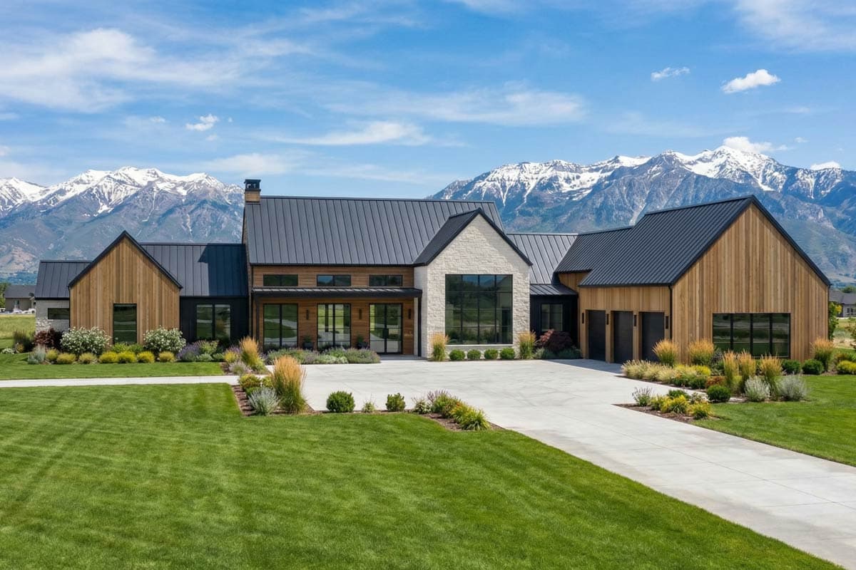 Modern house with dark roof and wood paneling, set against a backdrop of snow-capped mountains and a bright blue sky.