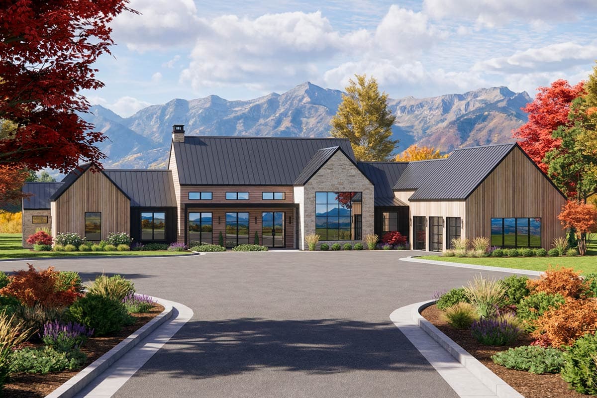 Modern Farmhouse house plan exterior with metal roof, wood siding, stone accents, and large windows.