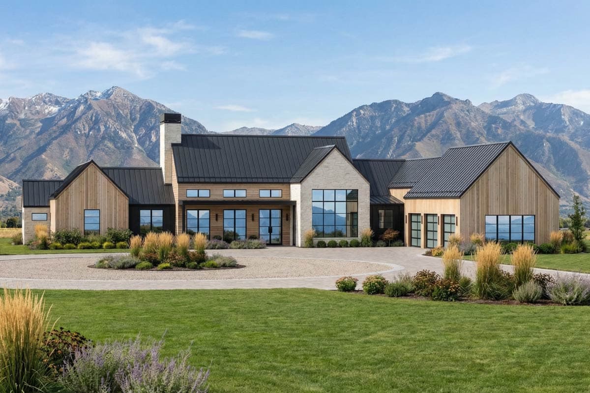 Modern Farmhouse house plan exterior with metal roof, wood siding, stone accents, and large windows.