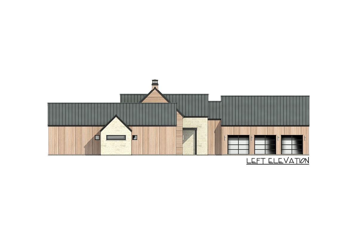Architectural rendering of a modern house, showing the left elevation with light wood siding, a stone facade, and a dark metal roof.
