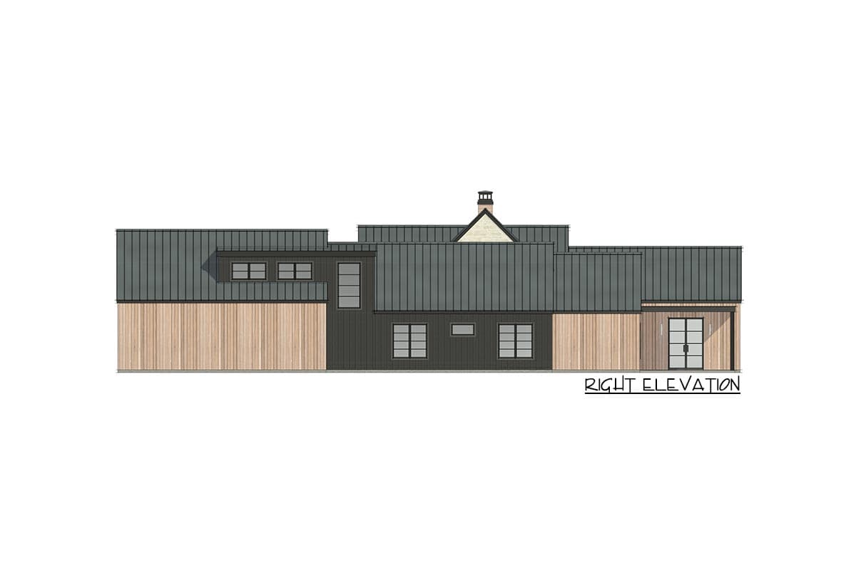 Architectural elevation of a modern house, showing the right side with varying roof levels, wooden siding, and a pair of glass doors. The text reads 'RIGHT ELEVATION'.
