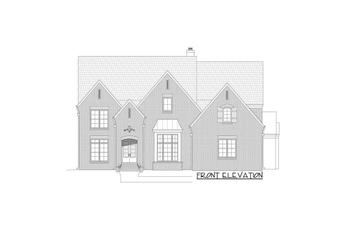 Front elevation drawing of a two-story brick house with multiple gables, a central bay window, and a prominent entry.