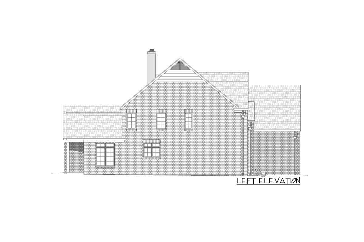 Left elevation house plan drawing showing a brick exterior with a gable roof, dormer, and prominent chimney.